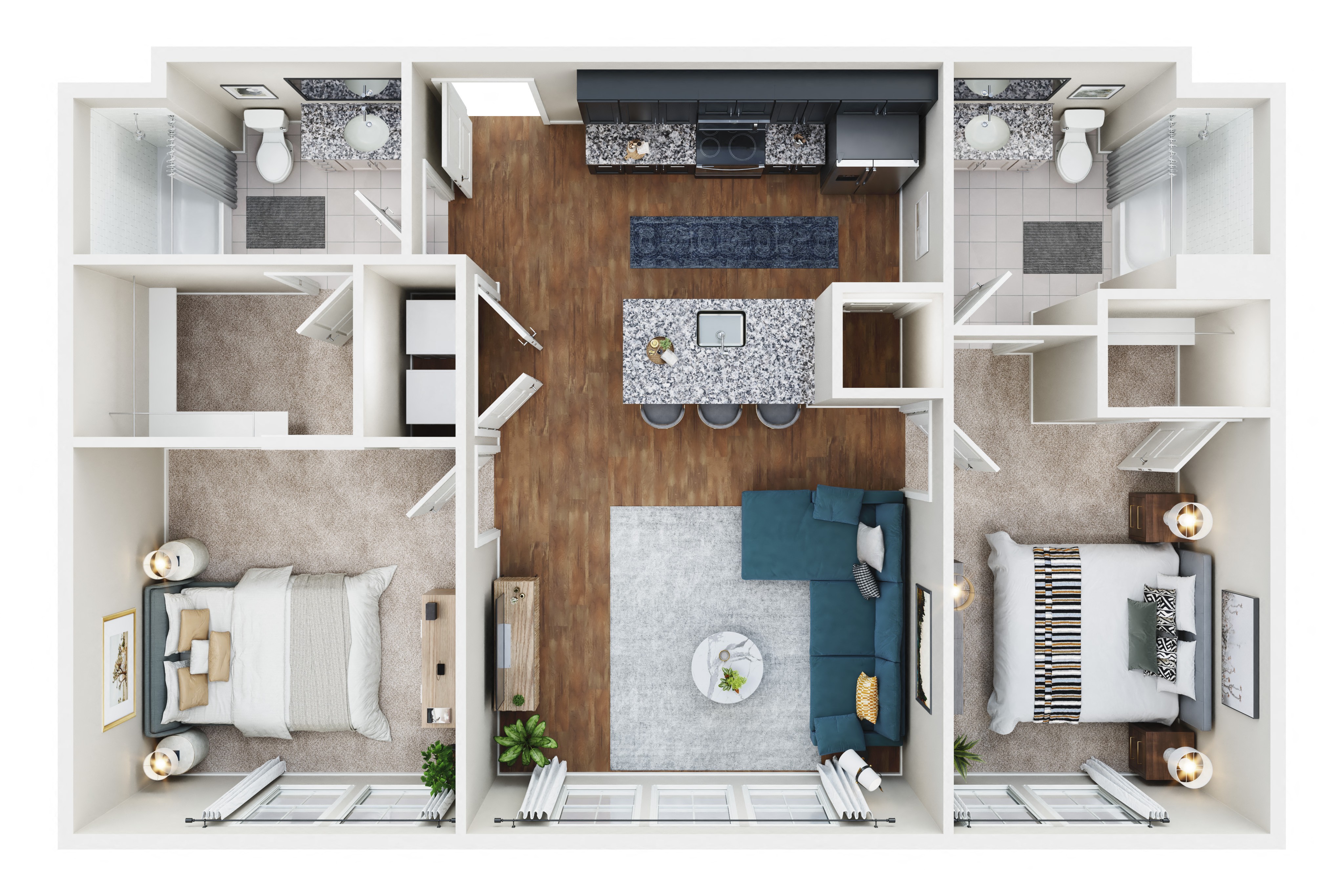 Floor plan for 2 beds, 2 baths, 1050 sqft